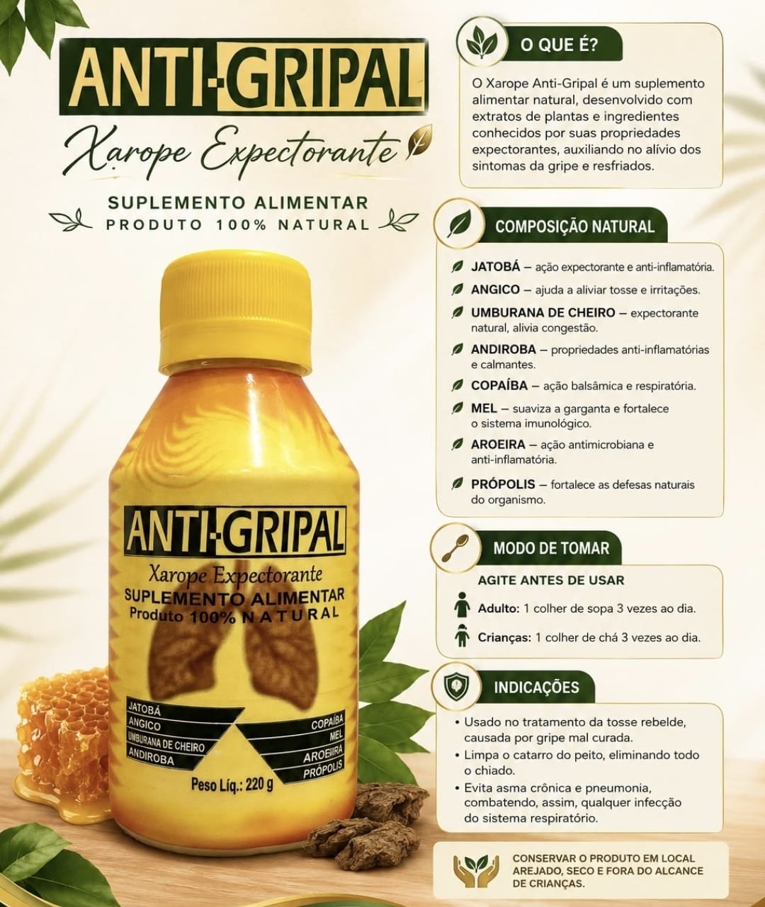 03 Suplementos Alimentar ANTI GRIPAL Xarope Expectorante Natural